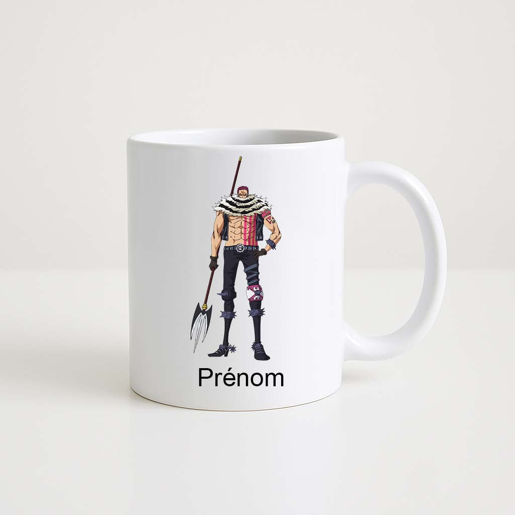 Mug blanc 330 ml avec illustration d’un personnage ressemblant à Katakuri de One Piece et un espace personnalisable pour prénom