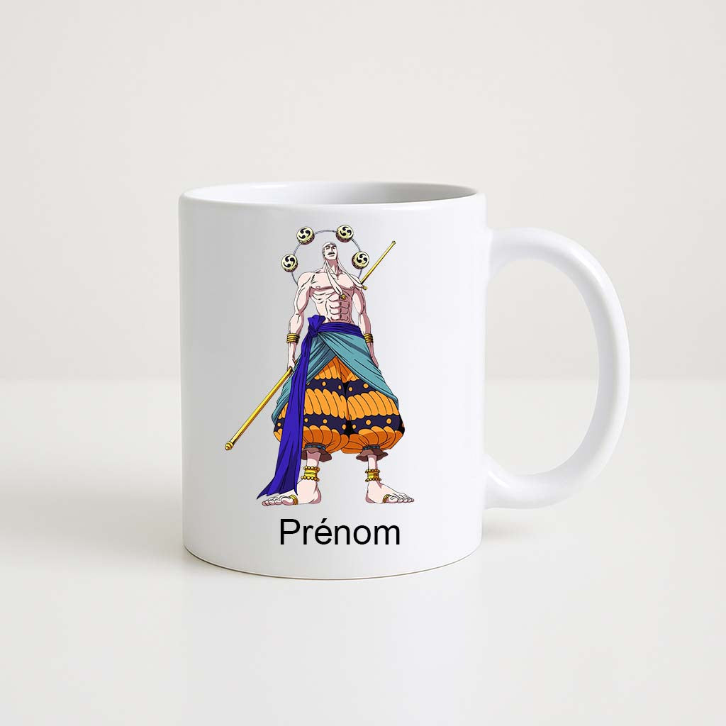 Mug blanc 330 ml avec illustration d’un personnage ressemblant à Ener de One Piece et un espace personnalisable pour prénom