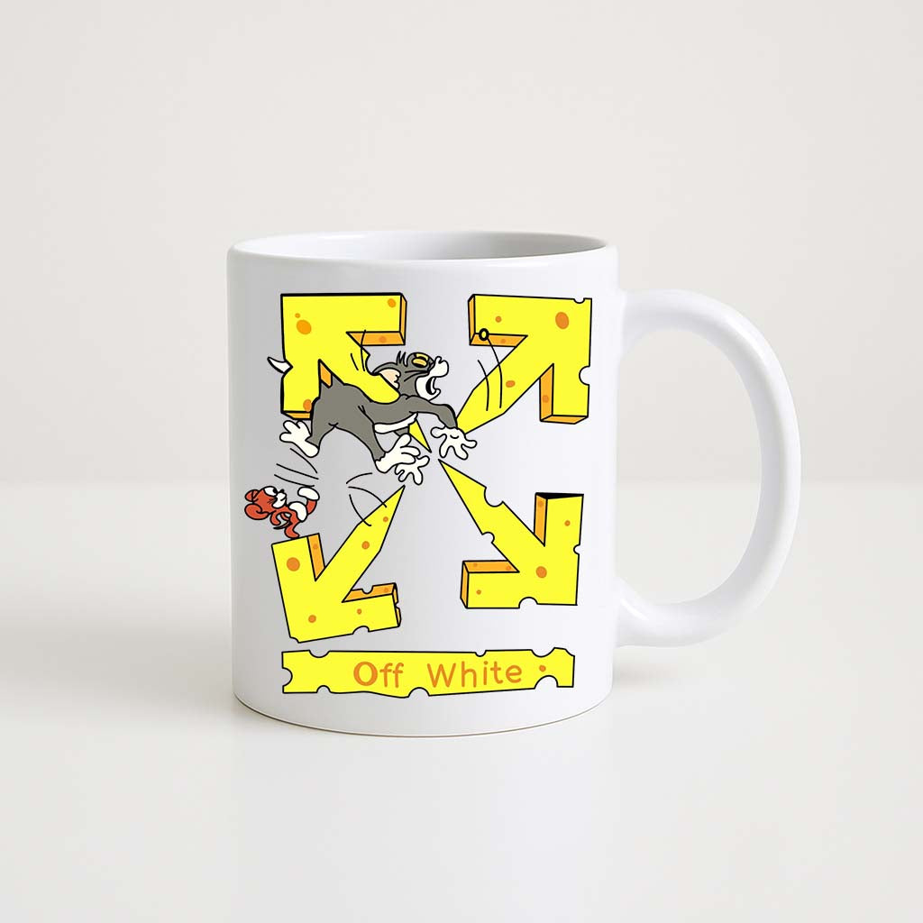 Mug blanc 330 ml avec illustration de Tom et Jerry et logo flèches jaunes façon Off White