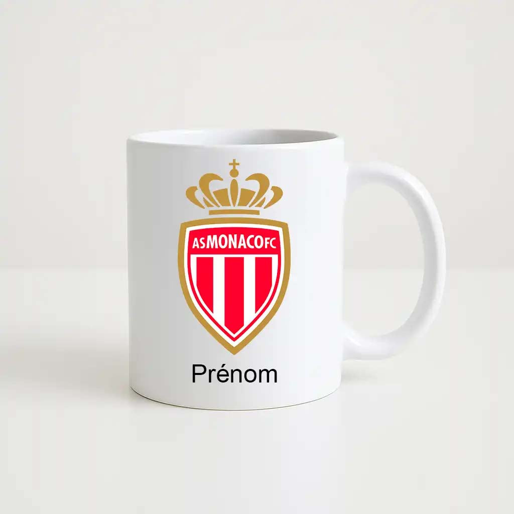 Mug blanc de 330 ml avec le logo du club AS Monaco, accompagné de l’inscription "Prénom" personnalisable en dessous.