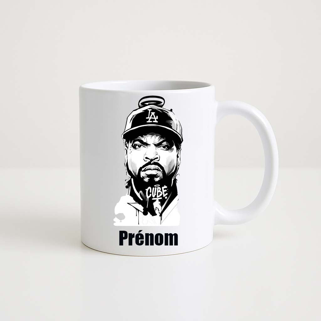 Mug blanc 330ml avec Ice Cube, rappeur, espace pour un prénom personnalisable.