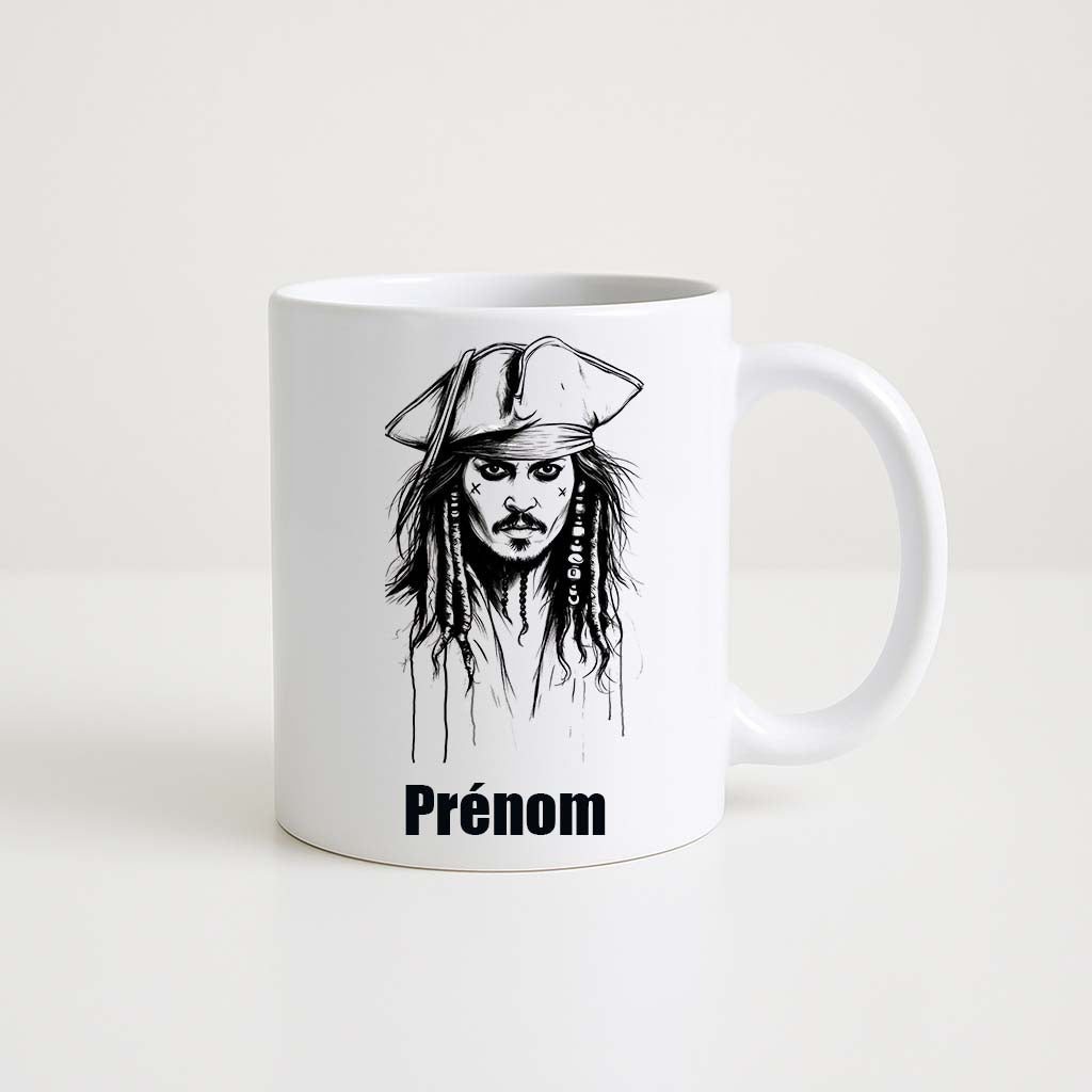 Mug blanc 330ml avec Jack Sparrow, pirate au chapeau et regard rusé, espace pour un prénom personnalisable.