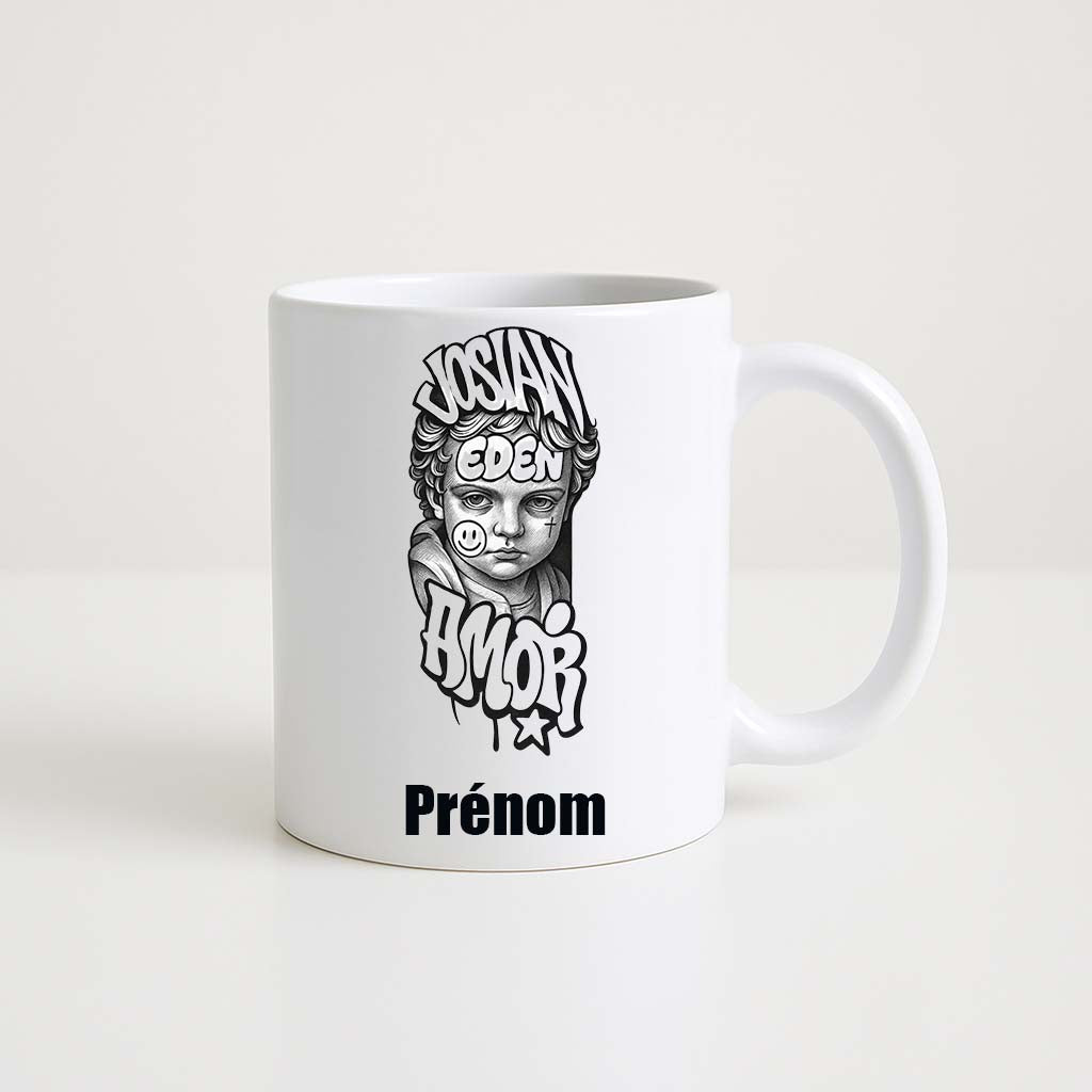 Mug blanc 330ml avec Josian Eden, espace pour un prénom personnalisable.