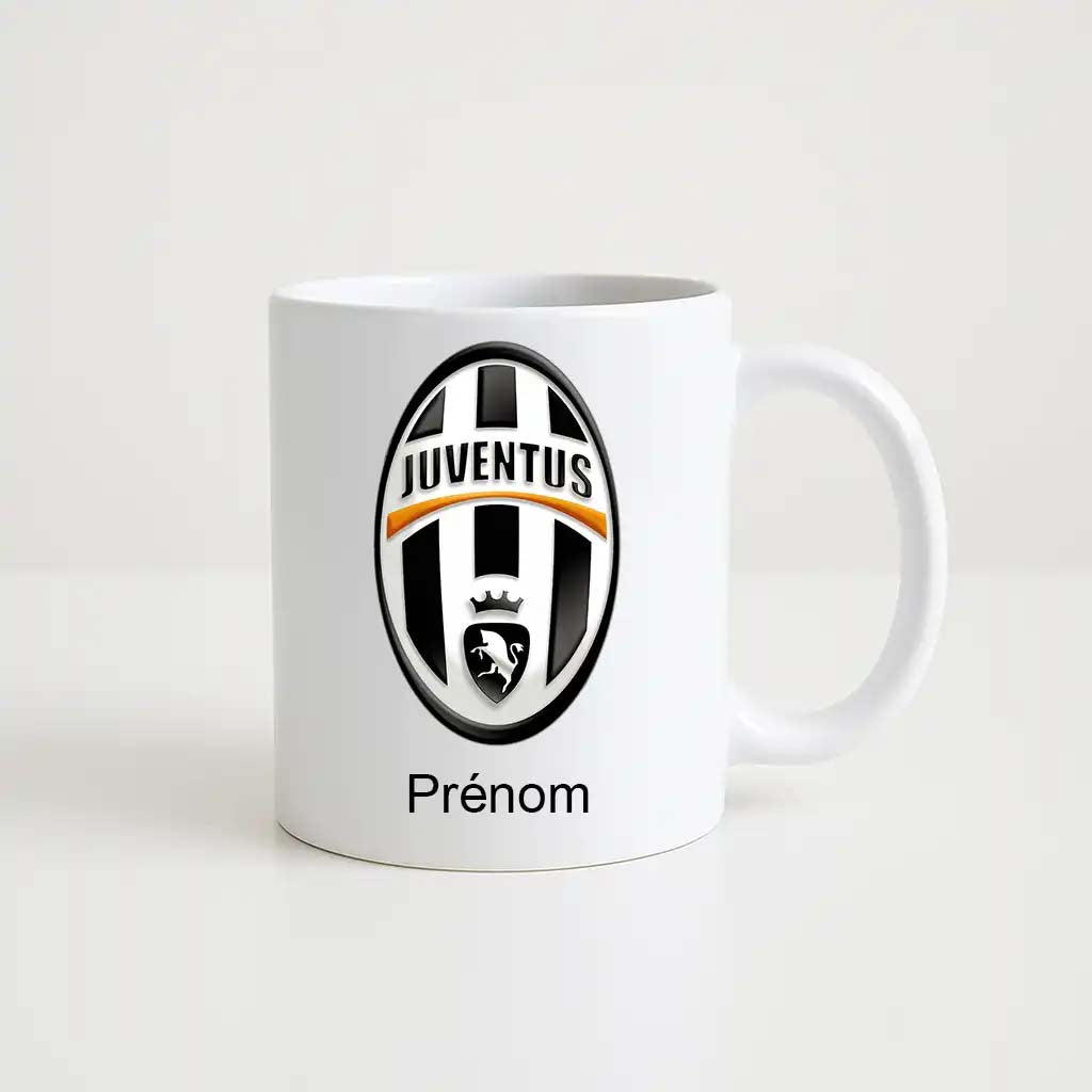 Mug blanc de 330 ml avec le logo du club Juventus de Turin accompagné de l’inscription "Prénom" personnalisable en dessous.