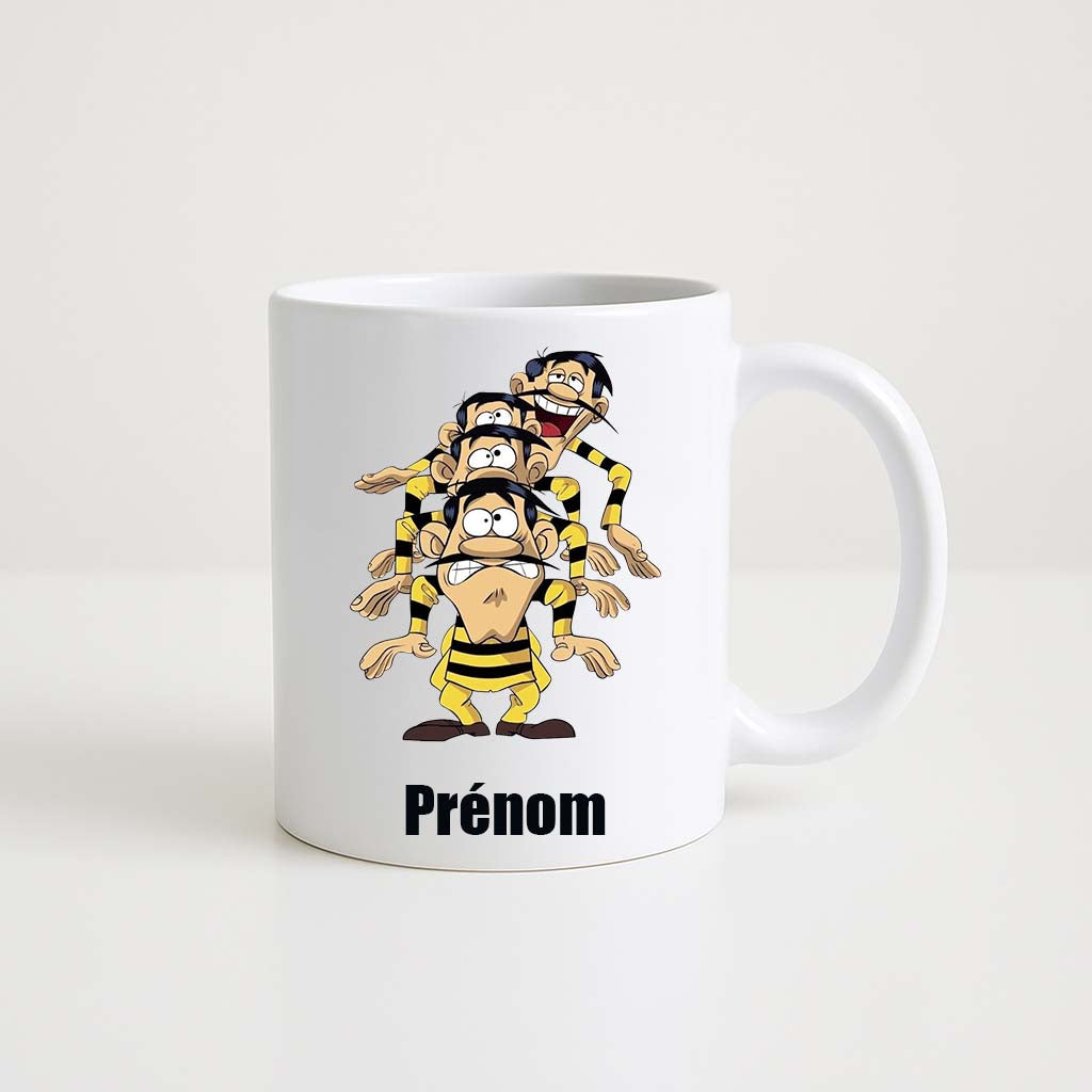 Mug blanc 330ml avec Les Daltons, frères bandits, espace pour un prénom personnalisable.