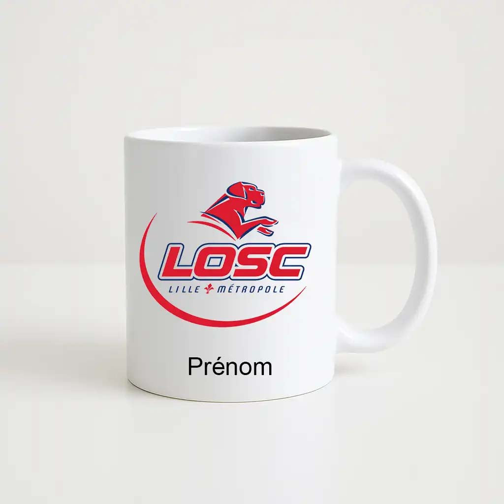 Mug blanc de 330 ml avec le logo du club LOSC , accompagné de l’inscription "Prénom" personnalisable en dessous.