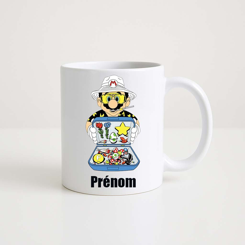 Mug blanc 330ml avec portrait stylisé Mario Escobar, motifs graffiti colorés, espace pour un prénom personnalisable.