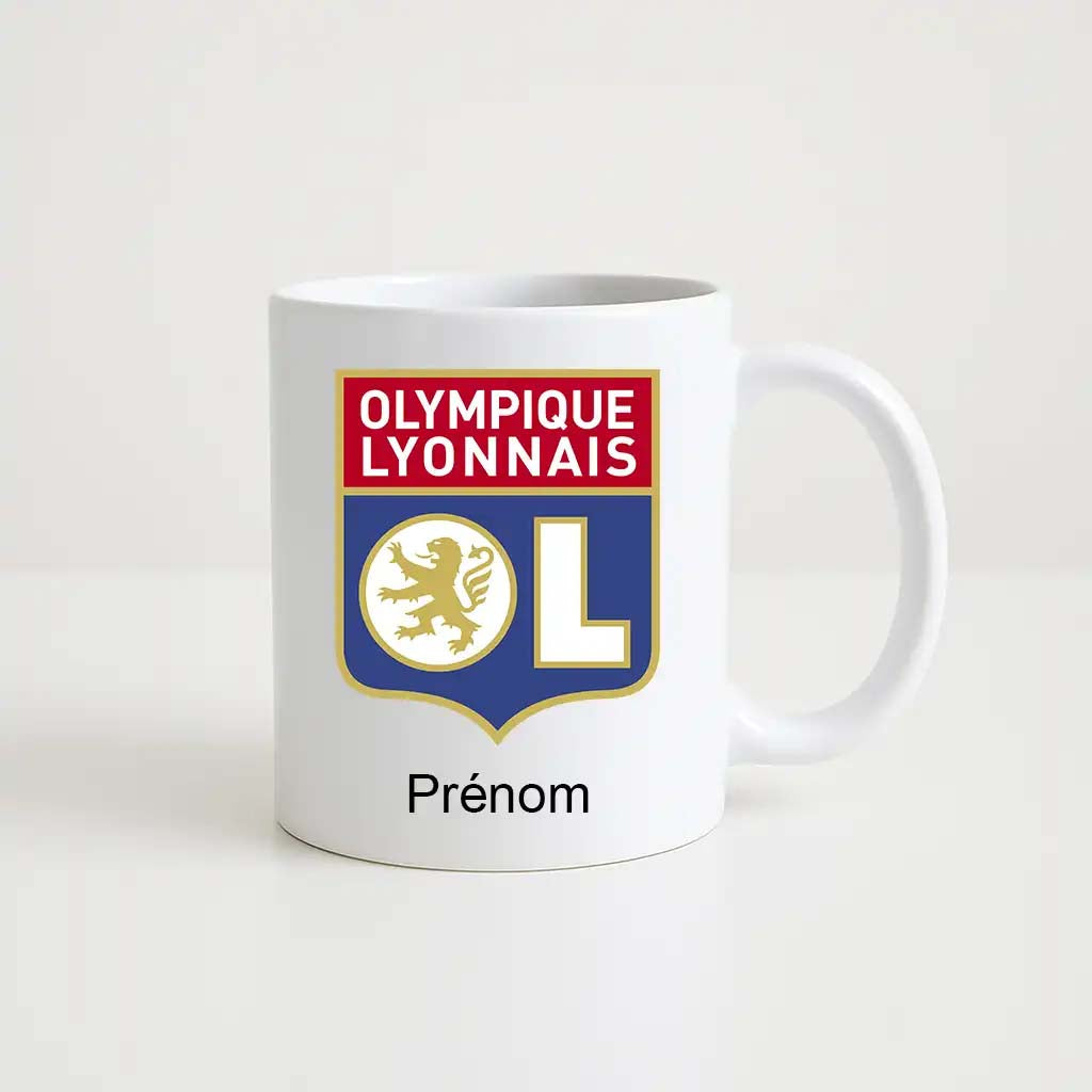 Mug blanc de 330 ml avec le logo du club Olympique Lyonnais , accompagné de l’inscription "Prénom" personnalisable en dessous.