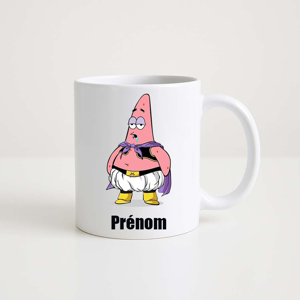 Mug blanc 330ml avec Patrick, étoile de mer avec cape rose Majin Boo et tentacules, espace pour un prénom personnalisable.