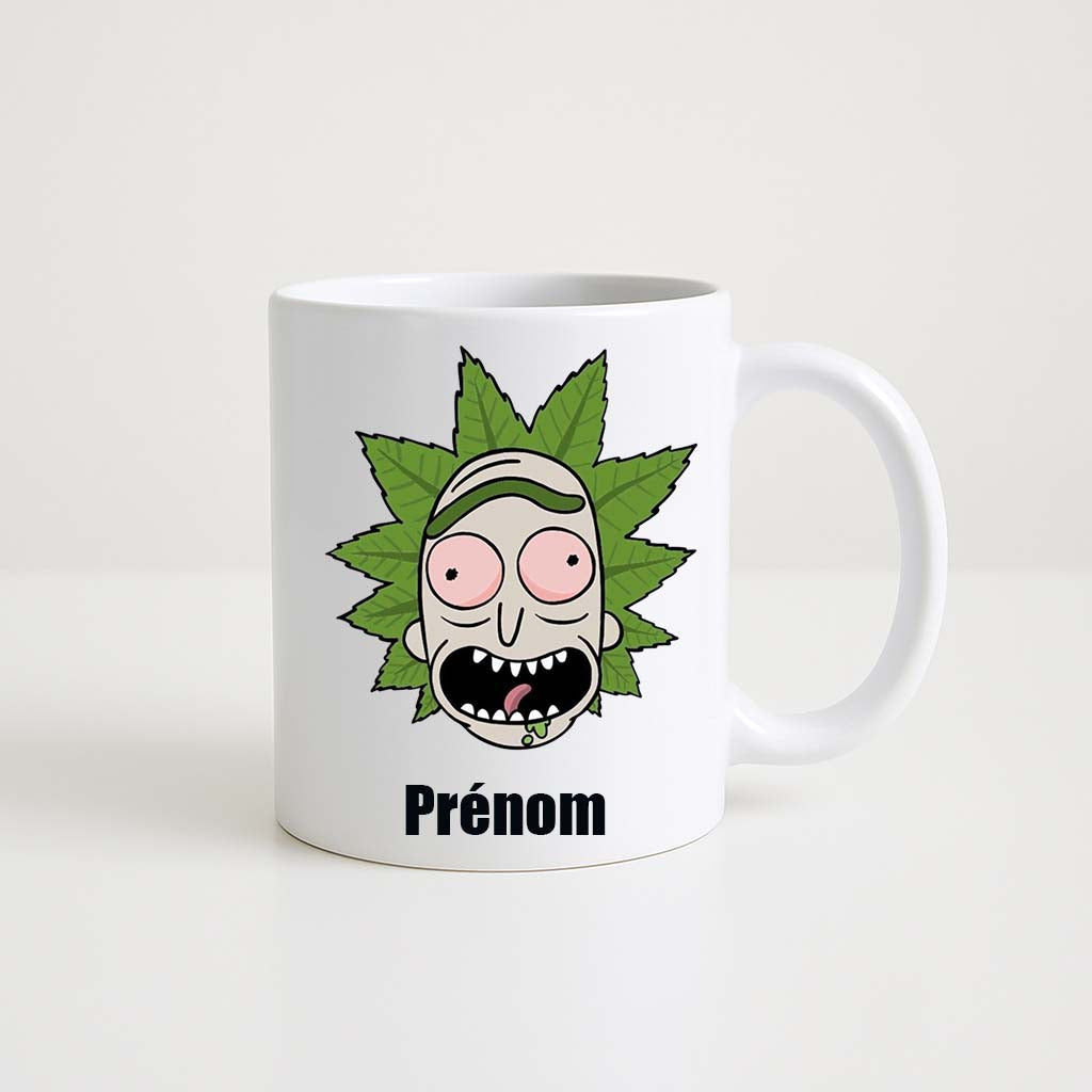 Mug blanc 330ml avec Rick Sanchez, génie au lab coat et portail gun, espace pour un prénom personnalisable.