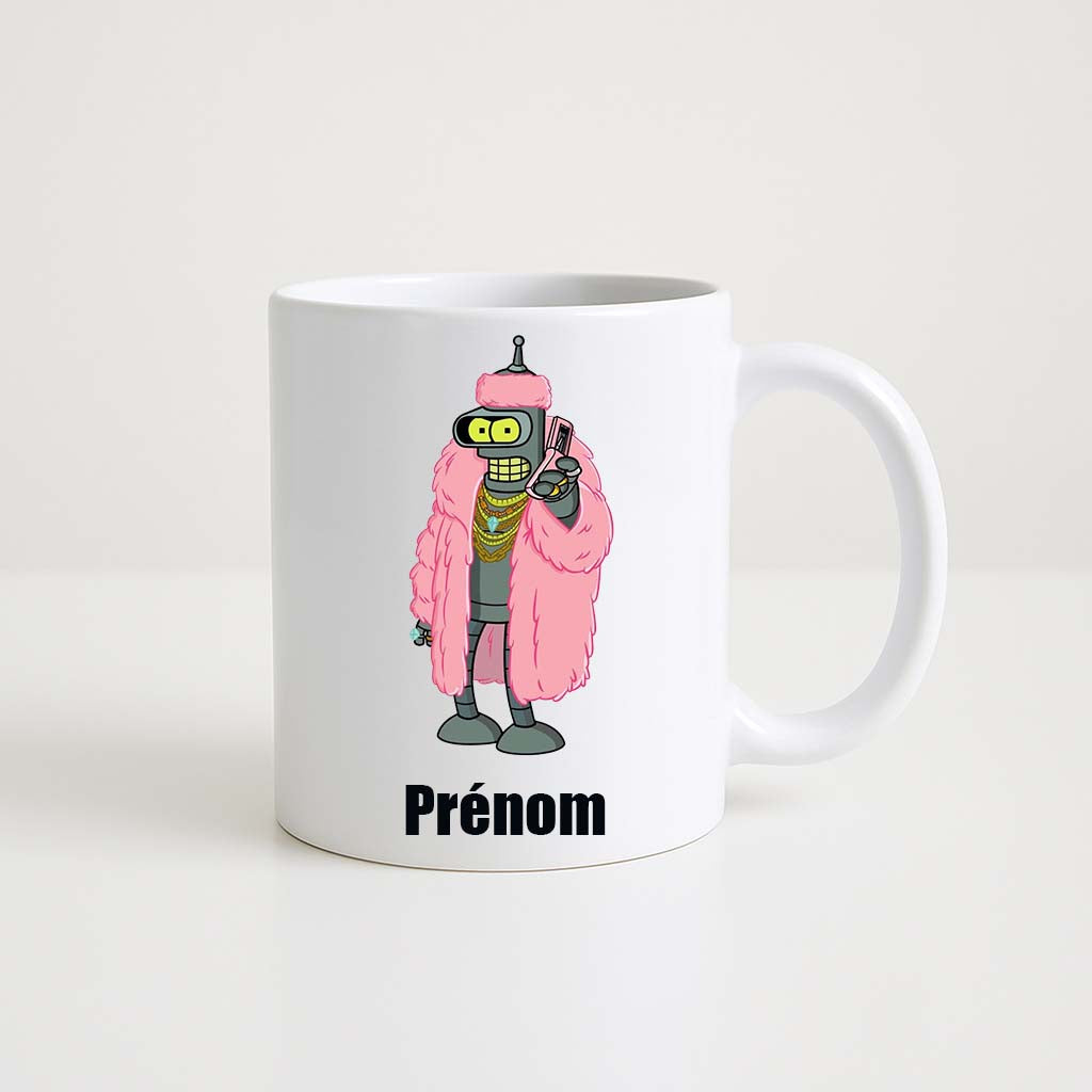 Mug blanc 330ml avec Robot Bling Bling, robot en manteau fourrure rose et bijoux dorés, espace pour un prénom personnalisable.