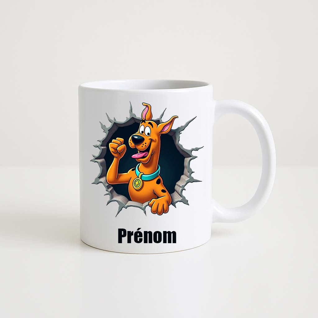 Mug blanc 330ml avec Scooby-Doo, chien peureux au collier bleu, et Salsbury, espace pour un prénom personnalisable.