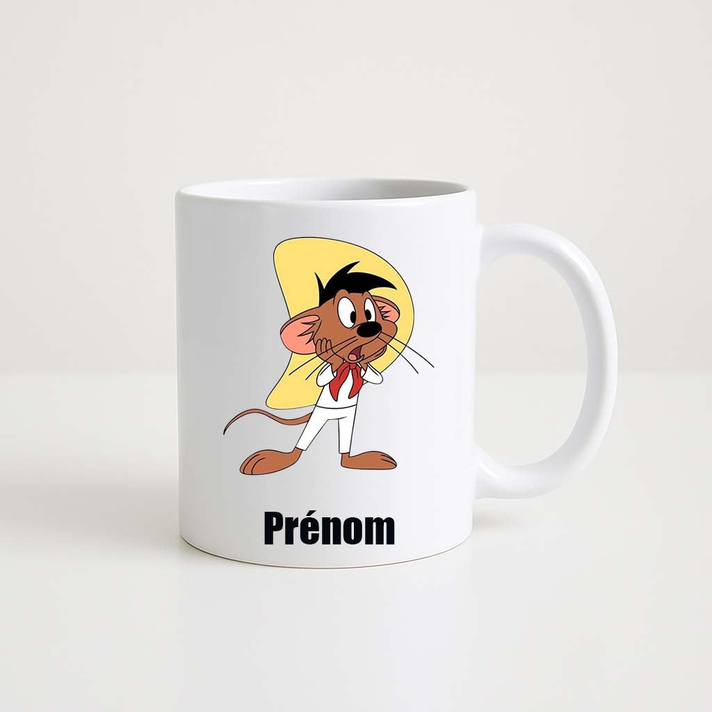 Mug blanc 330ml avec Speedy Gonzales, souris mexicaine au sombrero, espace pour un prénom personnalisable.