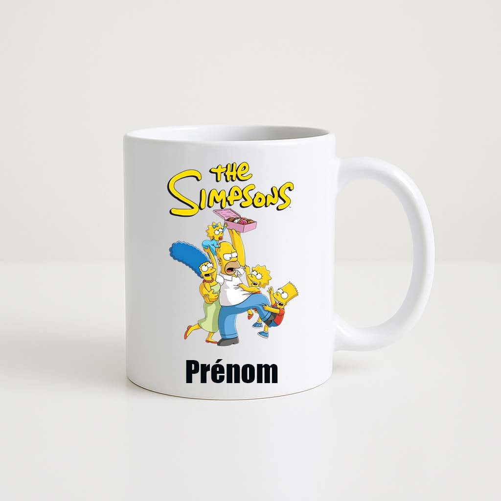 Mug blanc 330ml avec Homer, Marge, Bart, Lisa et Maggie de La Famille Simpson, espace pour un prénom personnalisable.