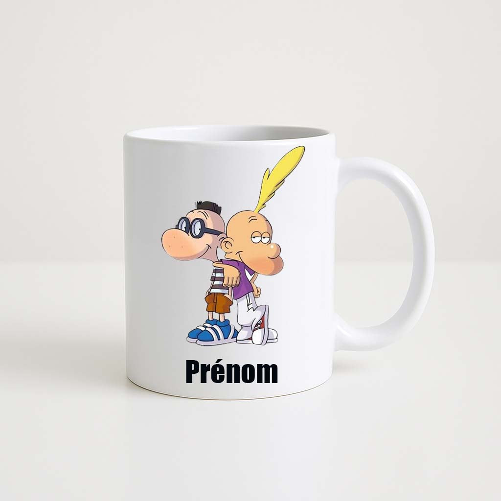 Mug blanc 330ml avec Titeuf et Manu, touffe blonde et humour BD, espace pour un prénom personnalisable.