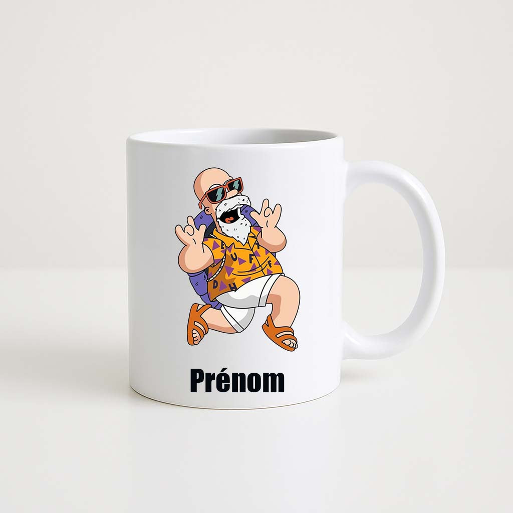 Mug blanc 330ml avec Tortue Génial, maître aux lunettes et canne, sourire malicieux, espace pour un prénom personnalisable.