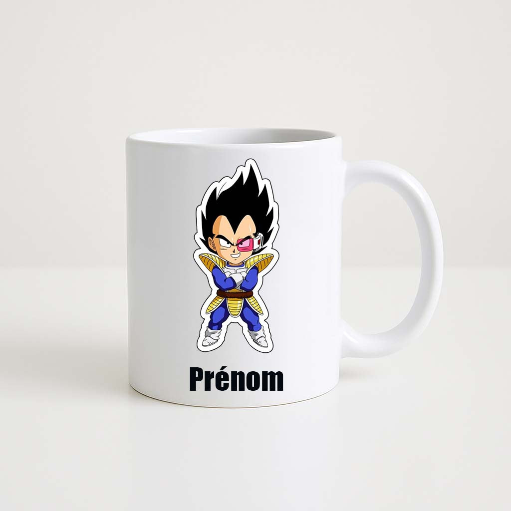 Mug blanc 330ml avec Vegeta en chibi cyborg, éléments cybernétiques brillants, espace pour un prénom personnalisable.