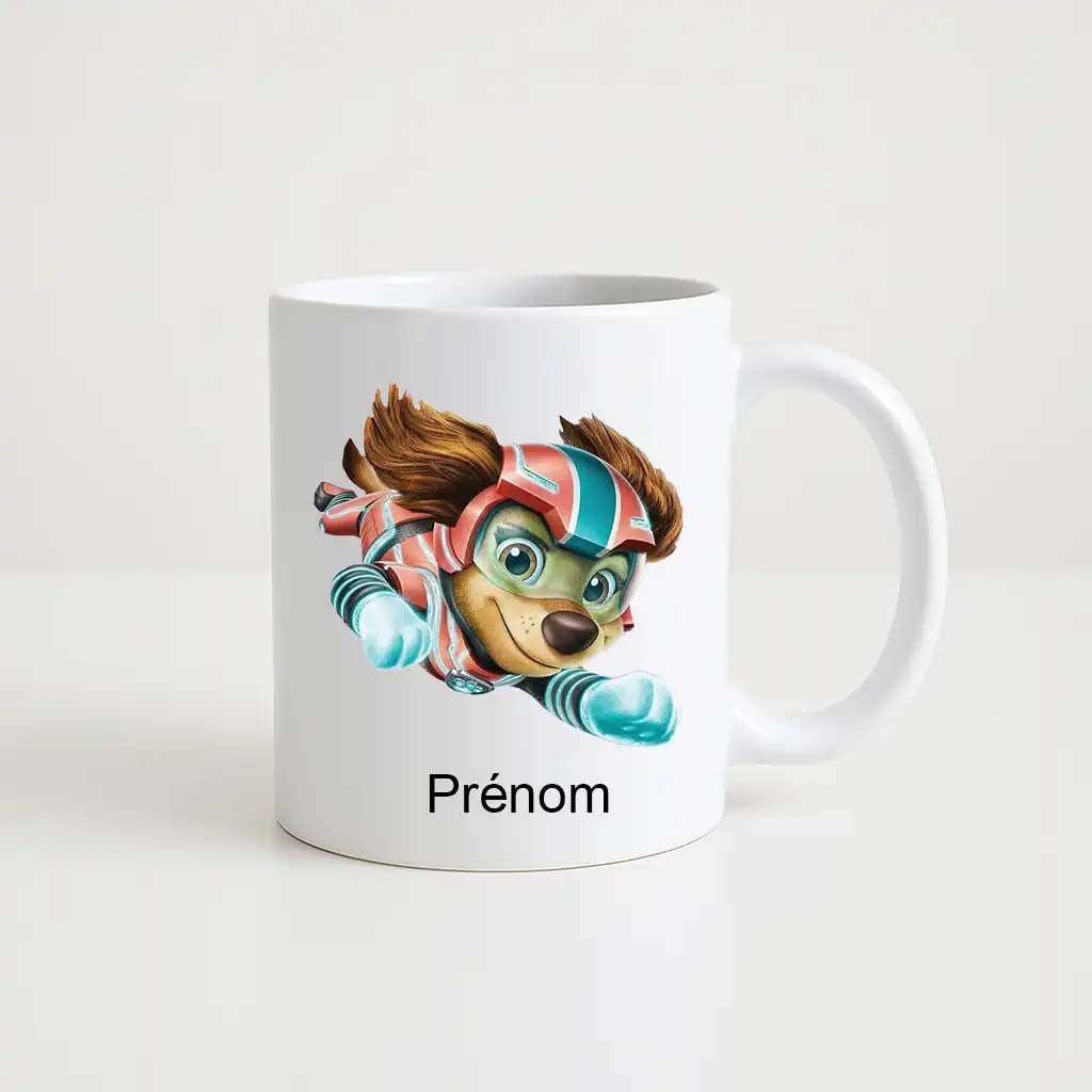 Mug blanc avec un personnage Pat'Patrouille en super-héros et un prénom personnalisable en dessous.
