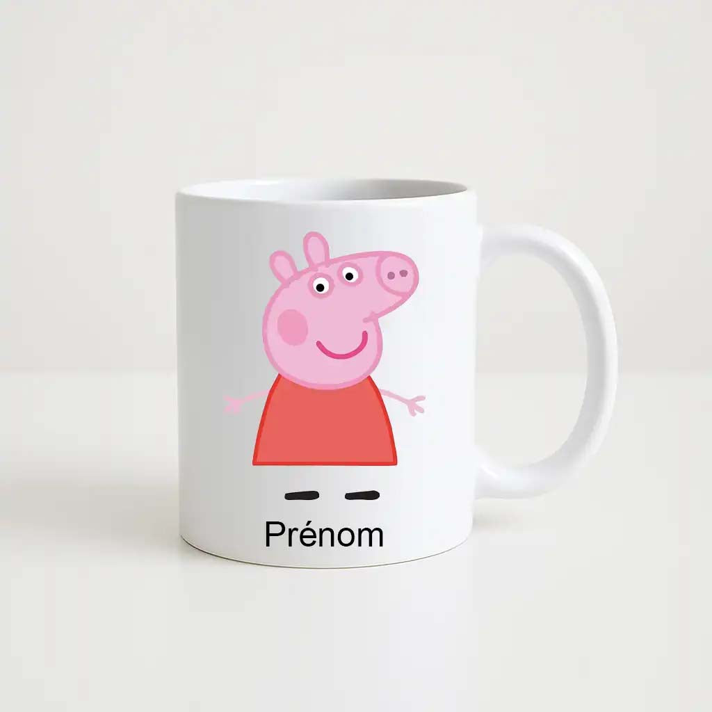 Mug blanc en céramique avec illustration de Peppa Pig en robe rouge et espace personnalisable pour prénom