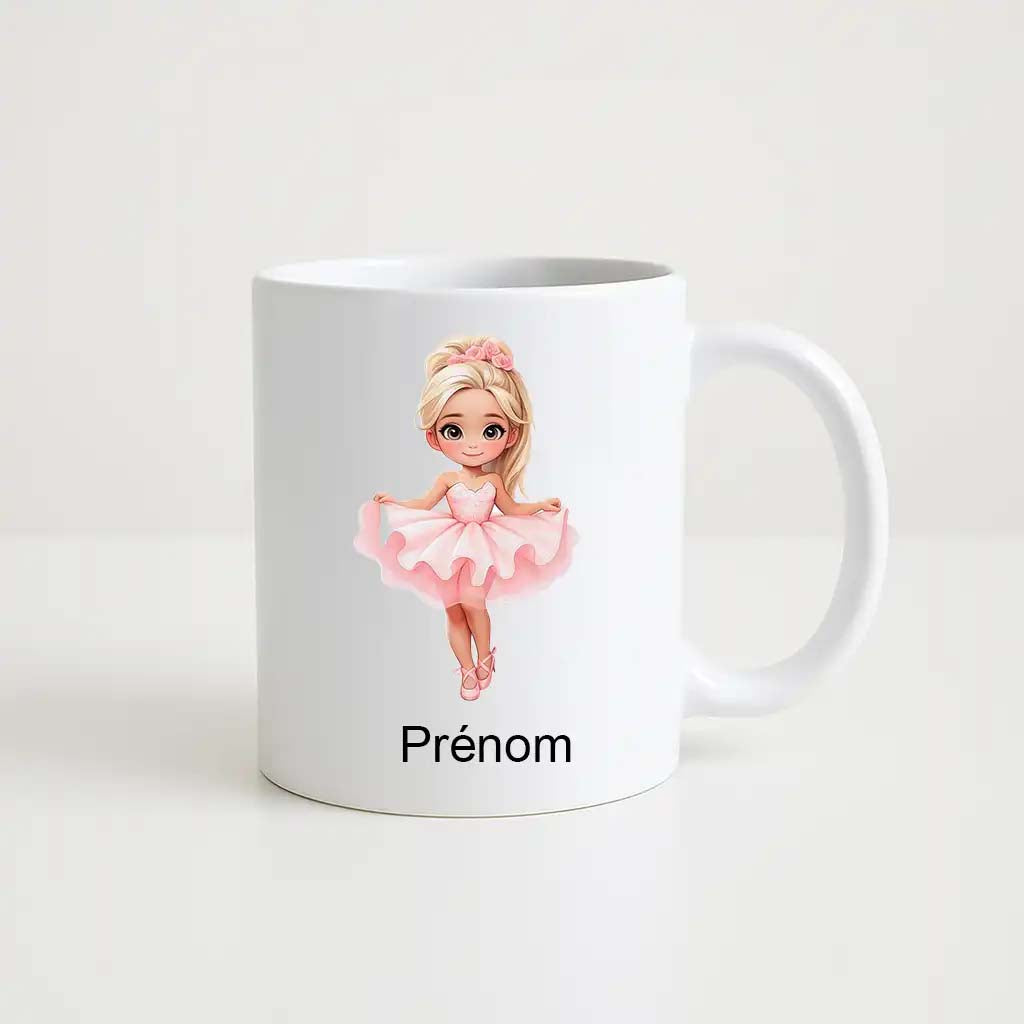 Mug blanc enfant avec dessin d’une princesse ballerine blonde en robe rose, personnalisable avec un prénom.