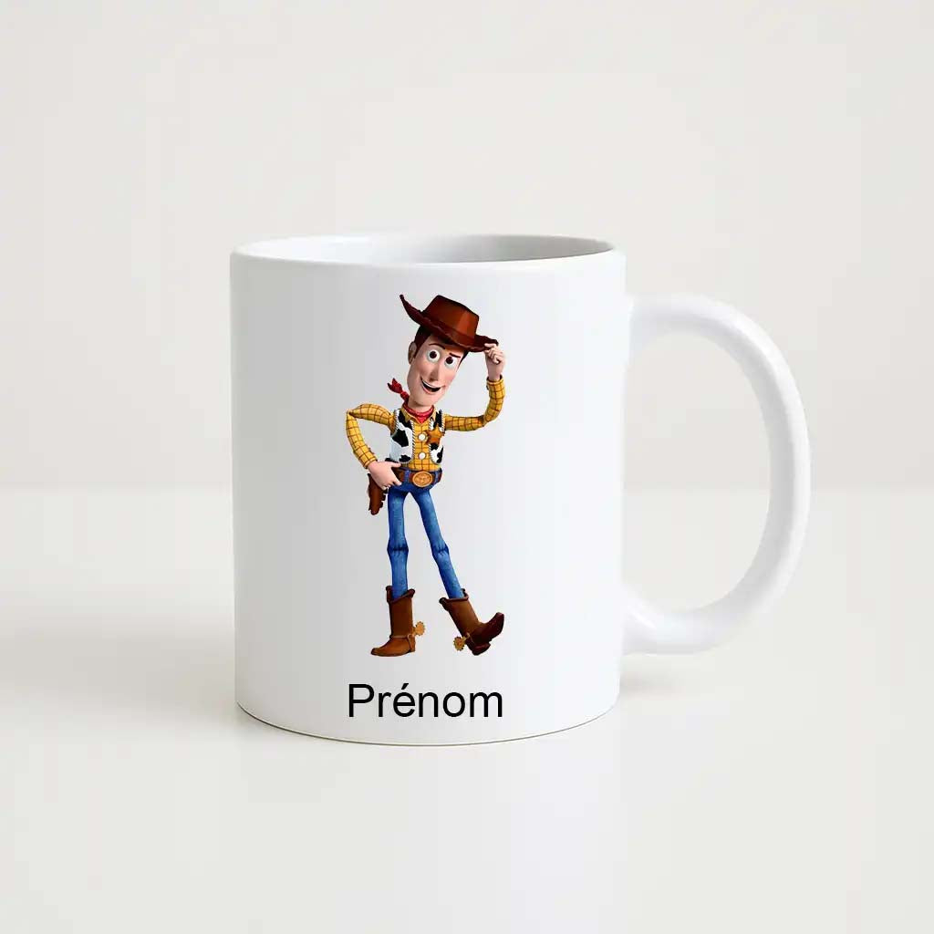 Mug blanc en céramique avec illustration du personnage Sheriff Woody de Toy Story, avec espace personnalisable pour prénom