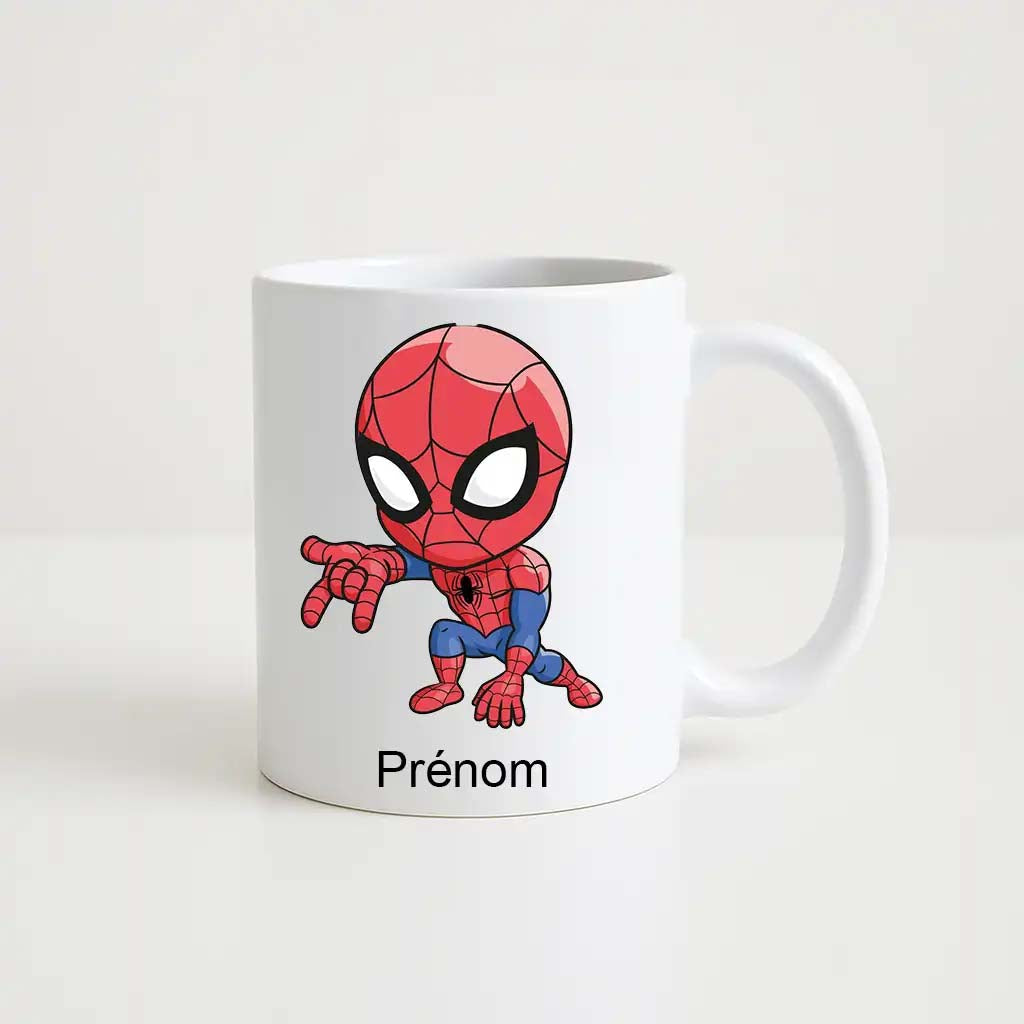 Mug blanc avec illustration cartoon de Spiderman et espace pour prénom personnalisé