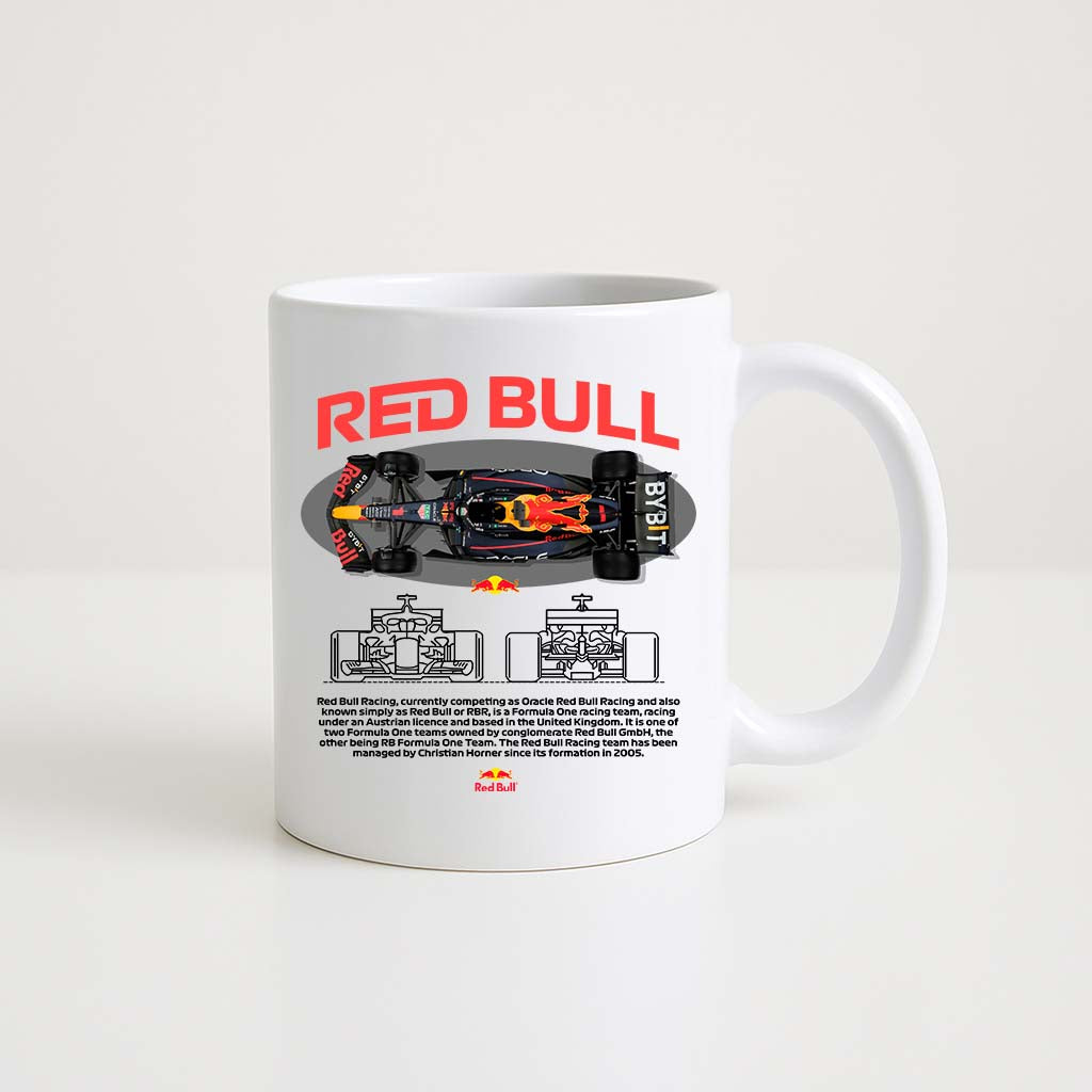 Mug en céramique blanche 330ml avec illustration vue du dessus de la Formule 1 Red Bull.