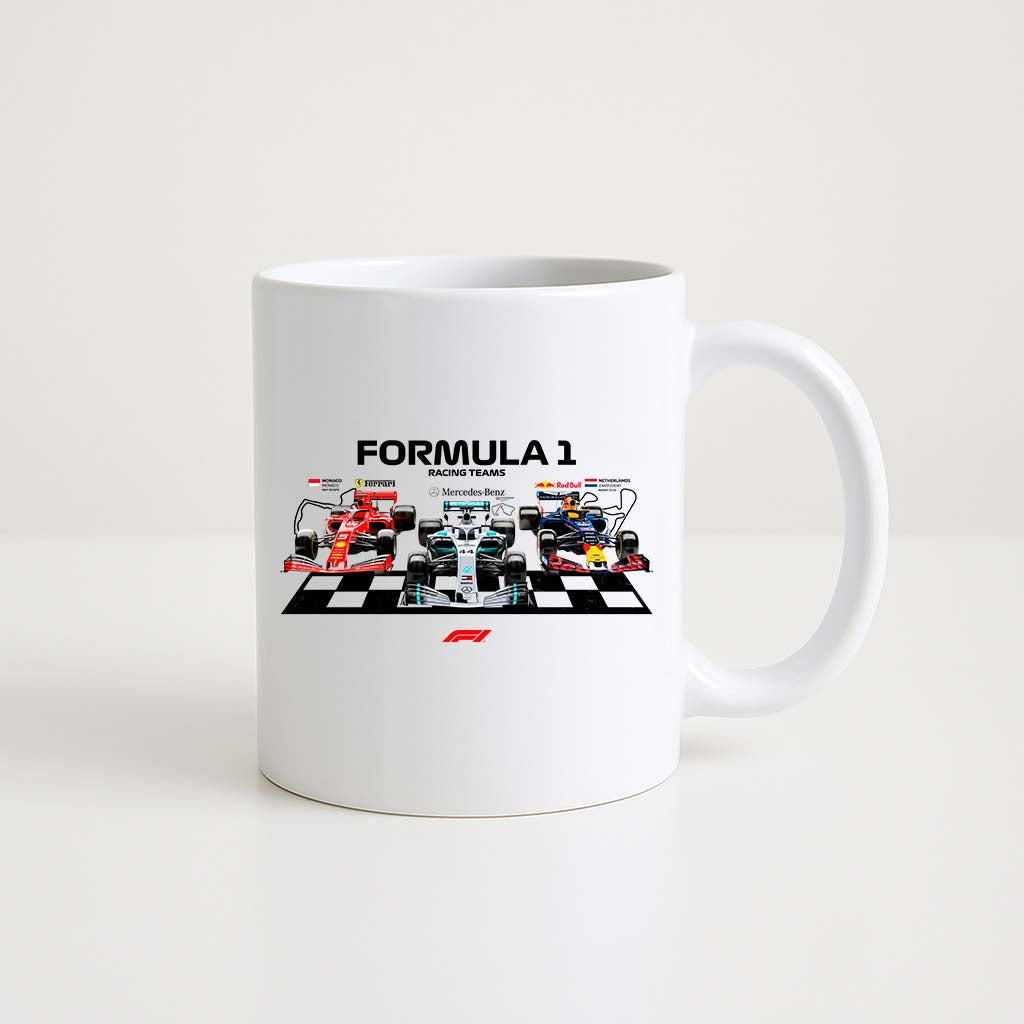 Mug en céramique blanche 330ml avec trois Formule 1 alignées sur un podium, design racing.