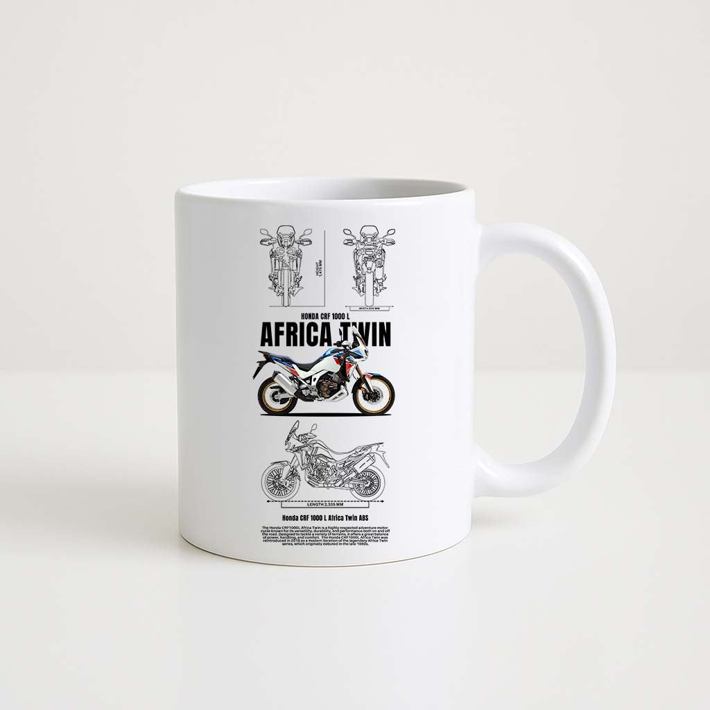 Mug en céramique blanche 330ml avec illustration Honda CRF 1000L Africa Twin, design trail et aventure.