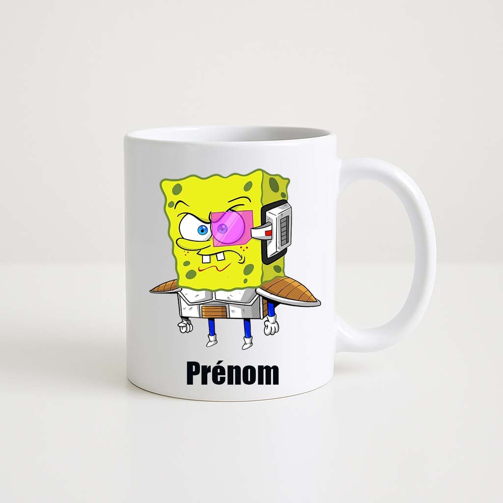 Tasse blanche 330 ml avec illustration humoristique de Bob l’Éponge en version cyborg futuriste, personnalisable avec prénom, idée cadeau geek et originale.