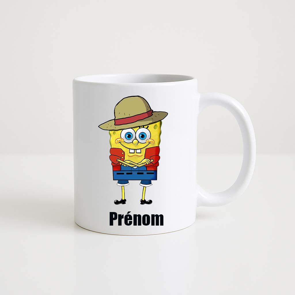 Mug blanc 330ml avec Bob l'Éponge en aventurier, chapeau et veste rouge, texte "Prénom" en noir personnalisable.