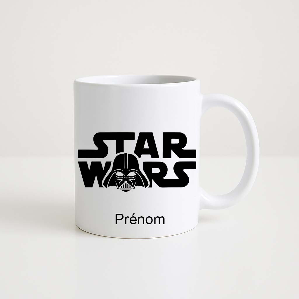 Mug blanc 330 ml avec logo Star Wars noir, visage de Dark Vador et espace personnalisable pour prénom