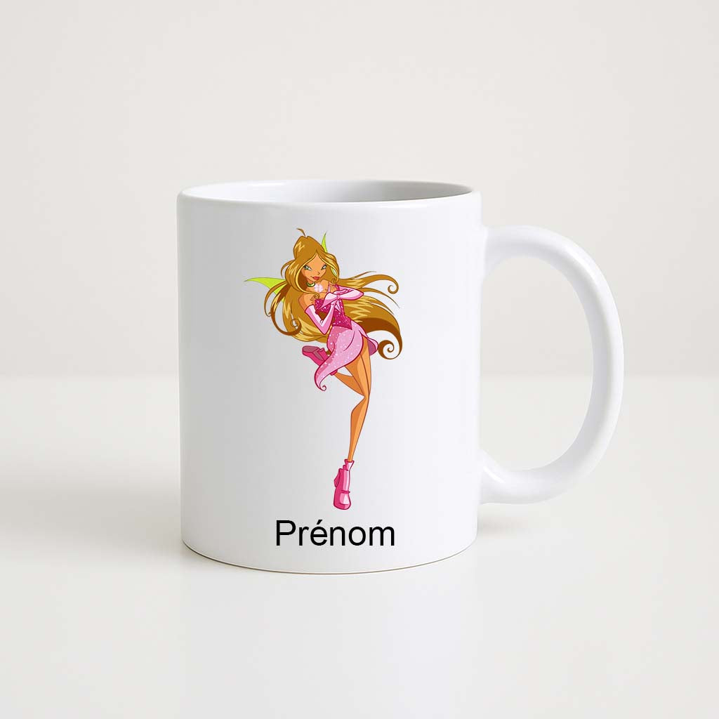 Mug blanc 330 ml avec illustration d’une fée style Winx Club en robe rose et espace personnalisable pour prénom