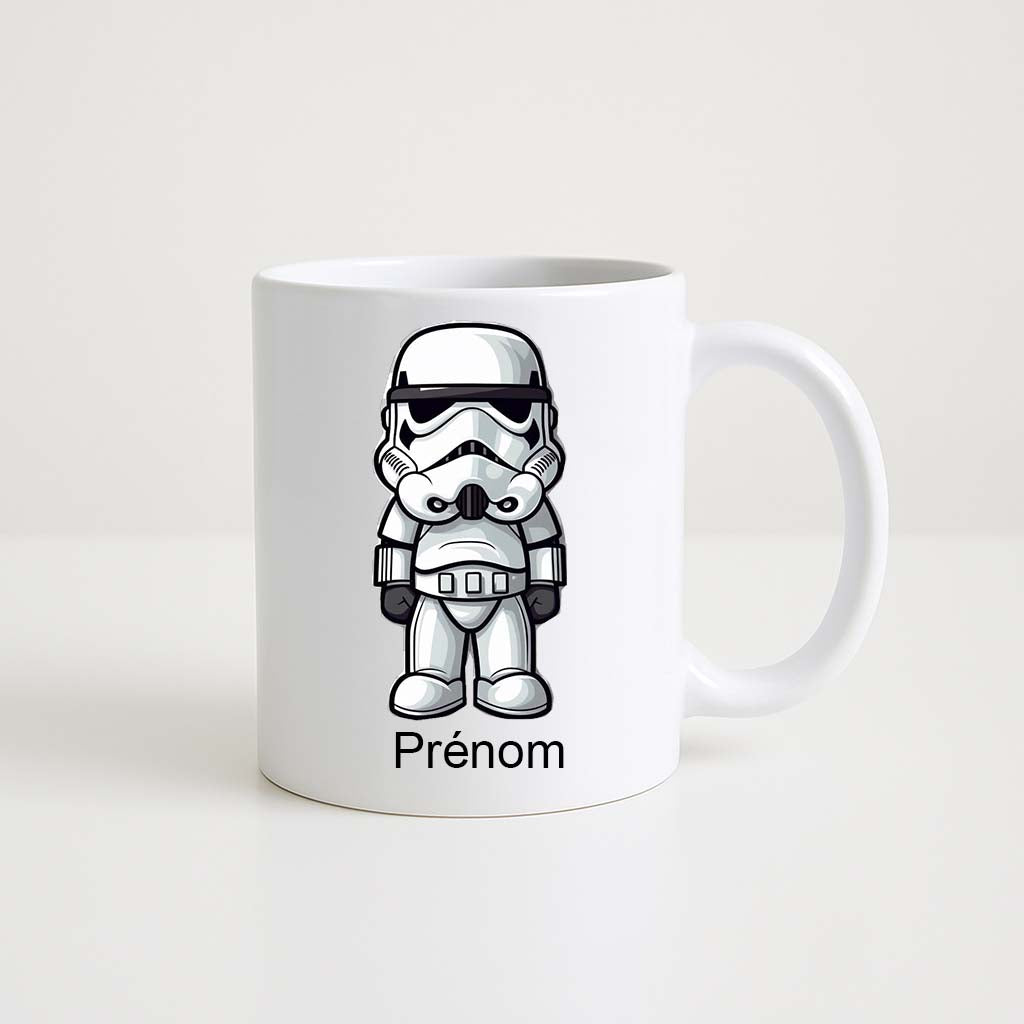 Mug blanc 330 ml avec illustration d’un soldat galactique cartoon et prénom personnalisable