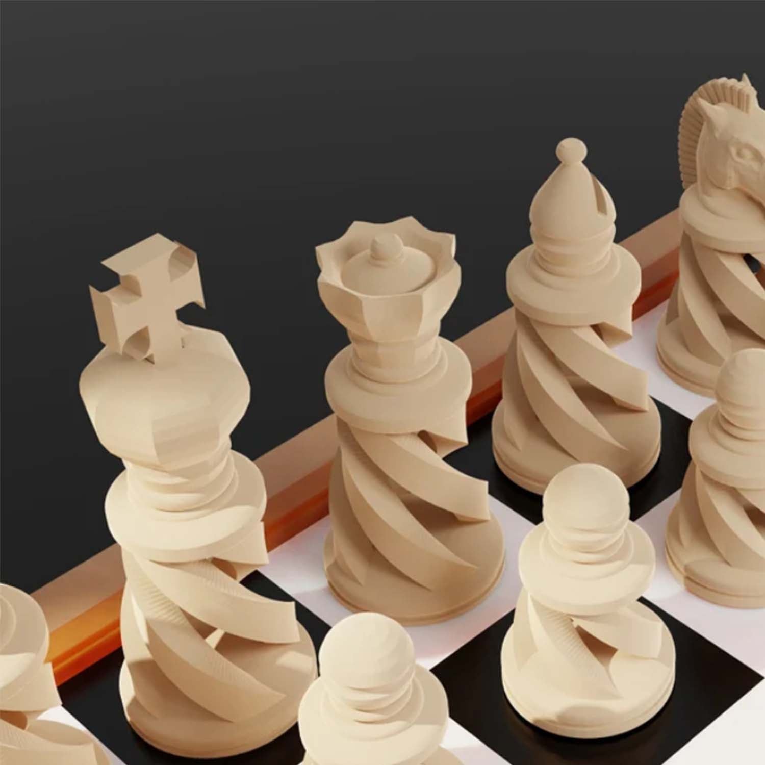 Présentation en vidéo d’un jeu d’échecs moderne avec des pièces imprimées en 3D au design sculptural, fabriquées de manière éco-responsable.